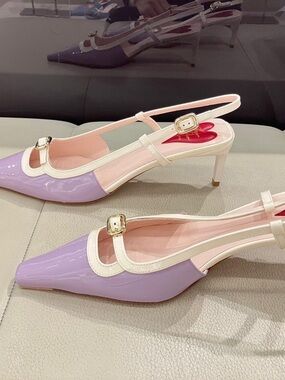 Roger Vivier Lavender and Cream Patent Slingback Kitten Heels